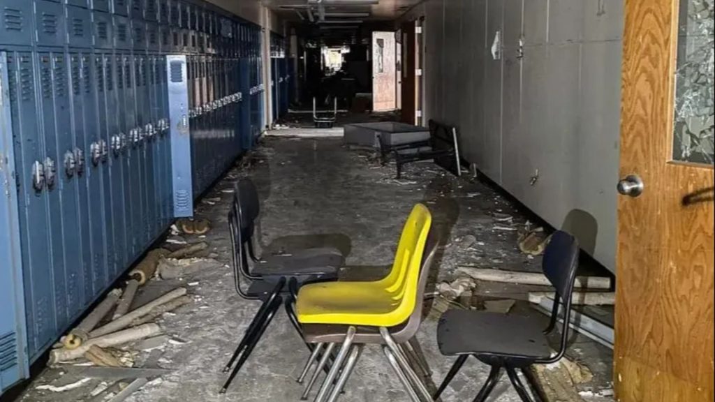 Inside eerie abandoned ‘apocalypse school’ with chairs, desks and books all left behind like zombie movie setting