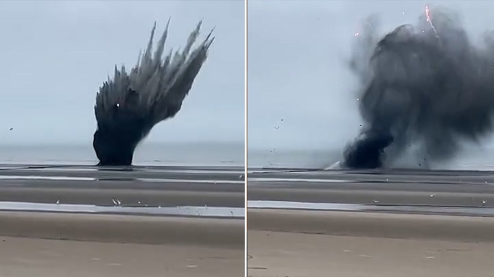 Moment Second World War bomb detonates on beach in Belgium | News