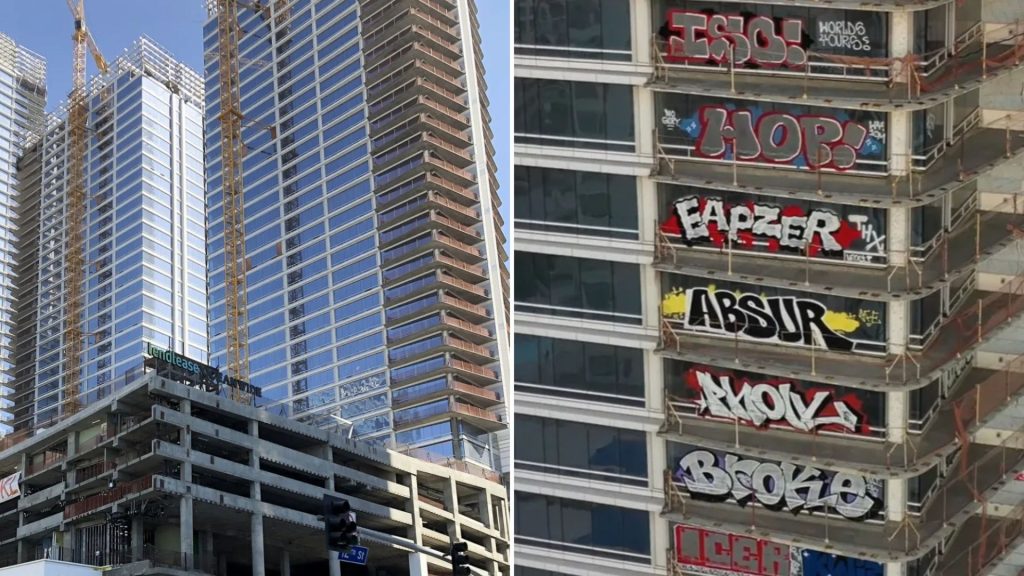 Graffiti gang tags 27 floors of $1bn US skyscraper left abandoned since 2019 after developers ran out of money
