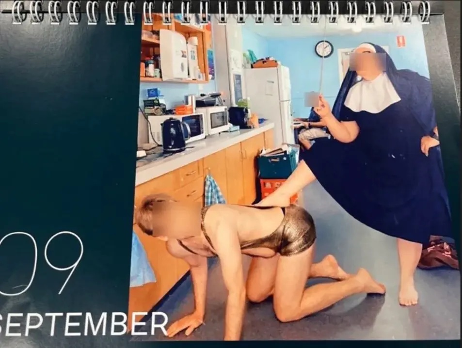 School blasted over leaked kinky calendar showing scantily-clad teachers feeding each other milk & spanking in nun gear