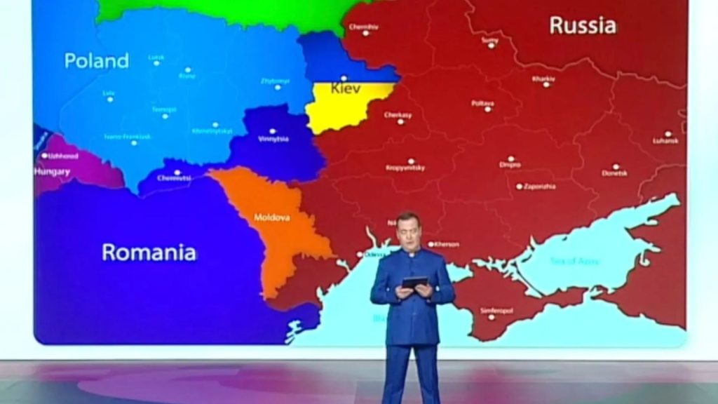 Putin’s top crony Medvedev shows off chilling ‘future map’ of Ukraine showing blood-red Russia’s carve-up of country