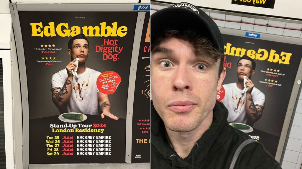 Ed Gamble: Comedian swaps hot dog for cucumber on tour posters after falling foul of TfL’s ad rules on junk food | Ents & Arts News