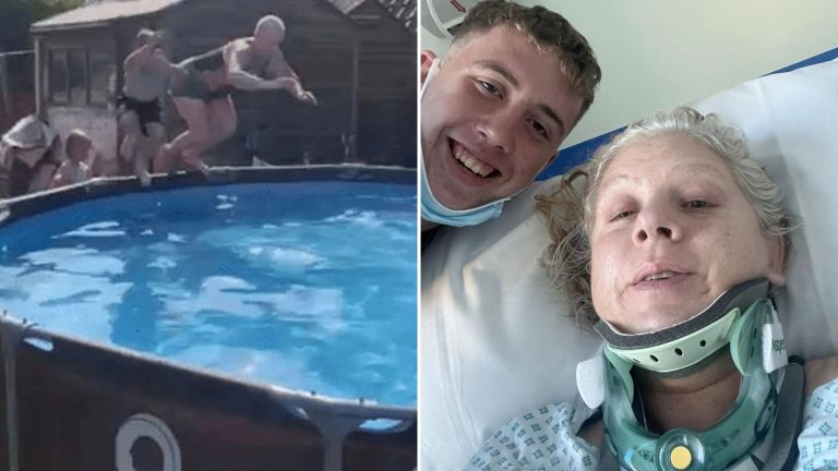 Horrific moment mum bellyflops into garden pool before breaking her neck in summer sun