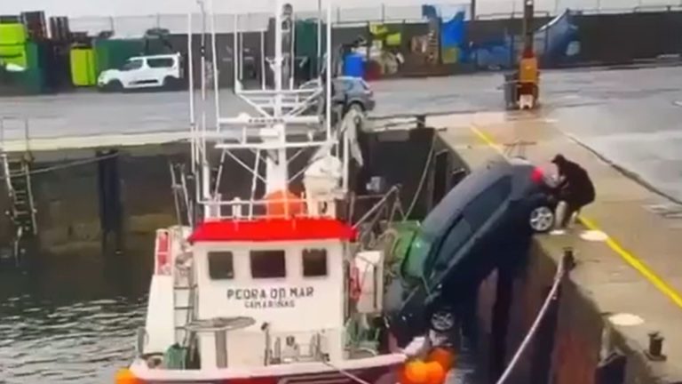 Moment car rolls off port & NOSEDIVES into boat before plunging into sea as driver tries to stop it with his bare hands