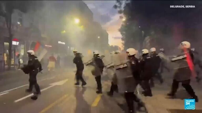 Protesters clash with police after an anti-government rally in Serbia's capital